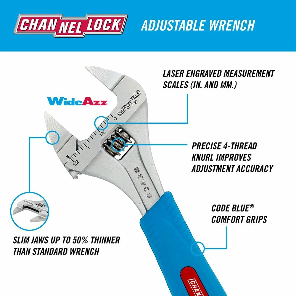 Discount โ Slim Jaw WideAzz 8 in. Adjustable ๐ง Wrench with Code Blue Comfort Grip by Channellock ๐ 7 Discount โ Slim Jaw WideAzz 8 in. Adjustable ๐ง Wrench with Code Blue Comfort Grip by Channellock ๐ - Image 5